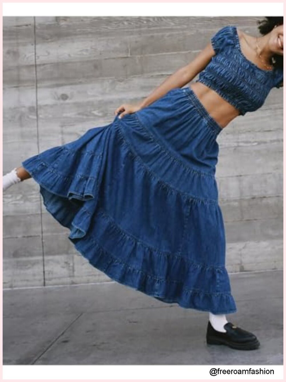 Women's Swing Chambray Maxi Skirt Pleated Tiered High Waist Denim Skirt - Picture 3 of 6